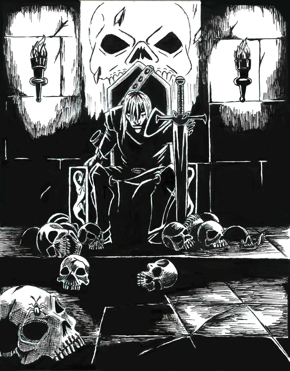 A hooded knight sits on a stone throne with a greatsword planted point-down before him, beneath a vast skull relief flanked by torch-lit windows, skulls scattered across the tiled floor.