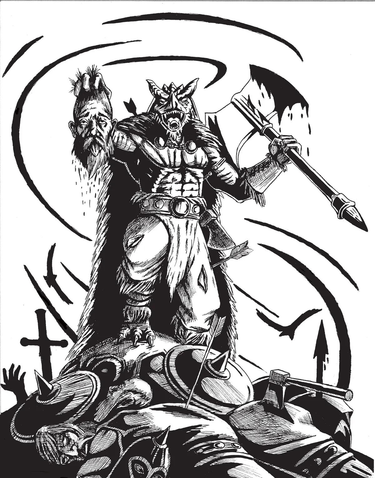 The same dragonborn raider drawn in black and white, axe raised and a severed head held aloft atop a heap of armour and weapons, framed by sweeping brushstrokes.