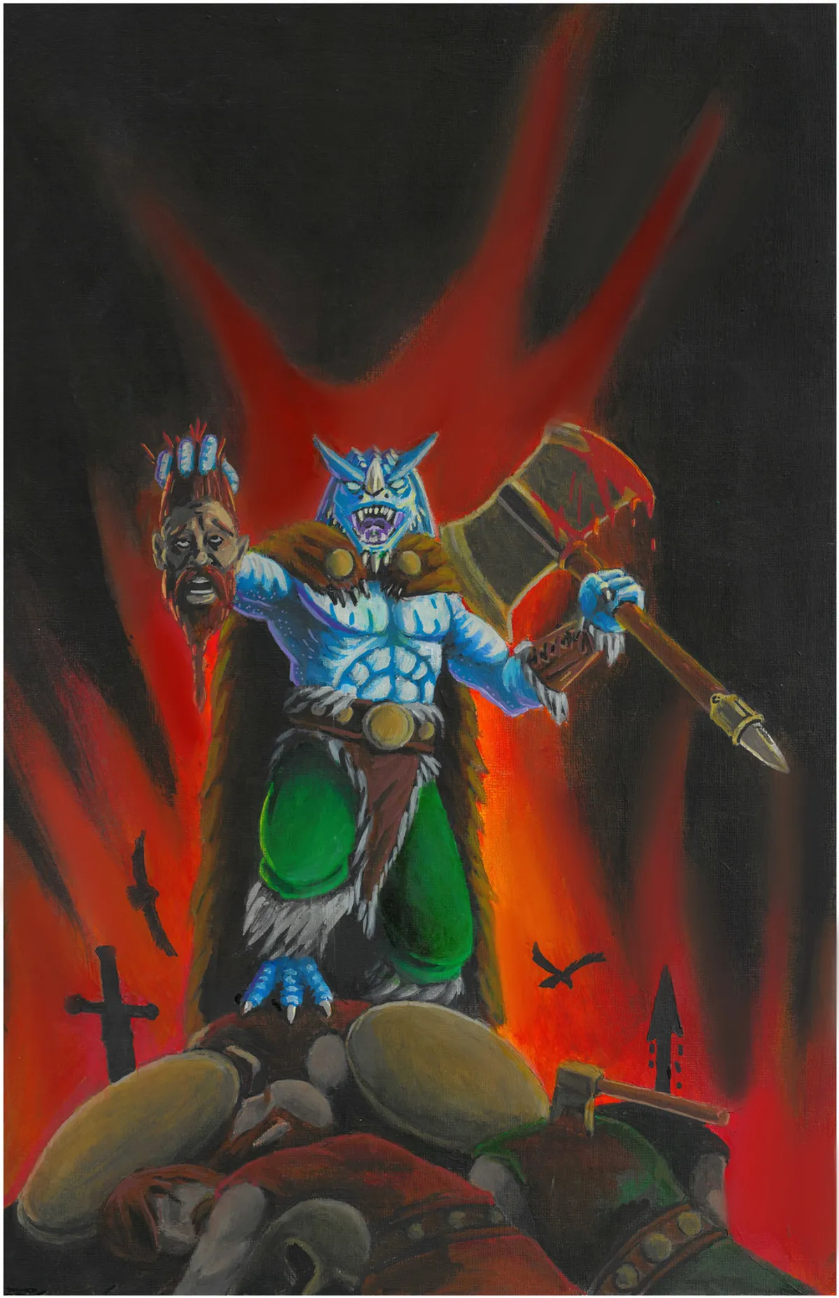 A blue-scaled dragonborn raider stands astride fallen bodies, a severed bearded head held out in one hand and a broad axe in the other, against a black field slashed with red and circling crows.
