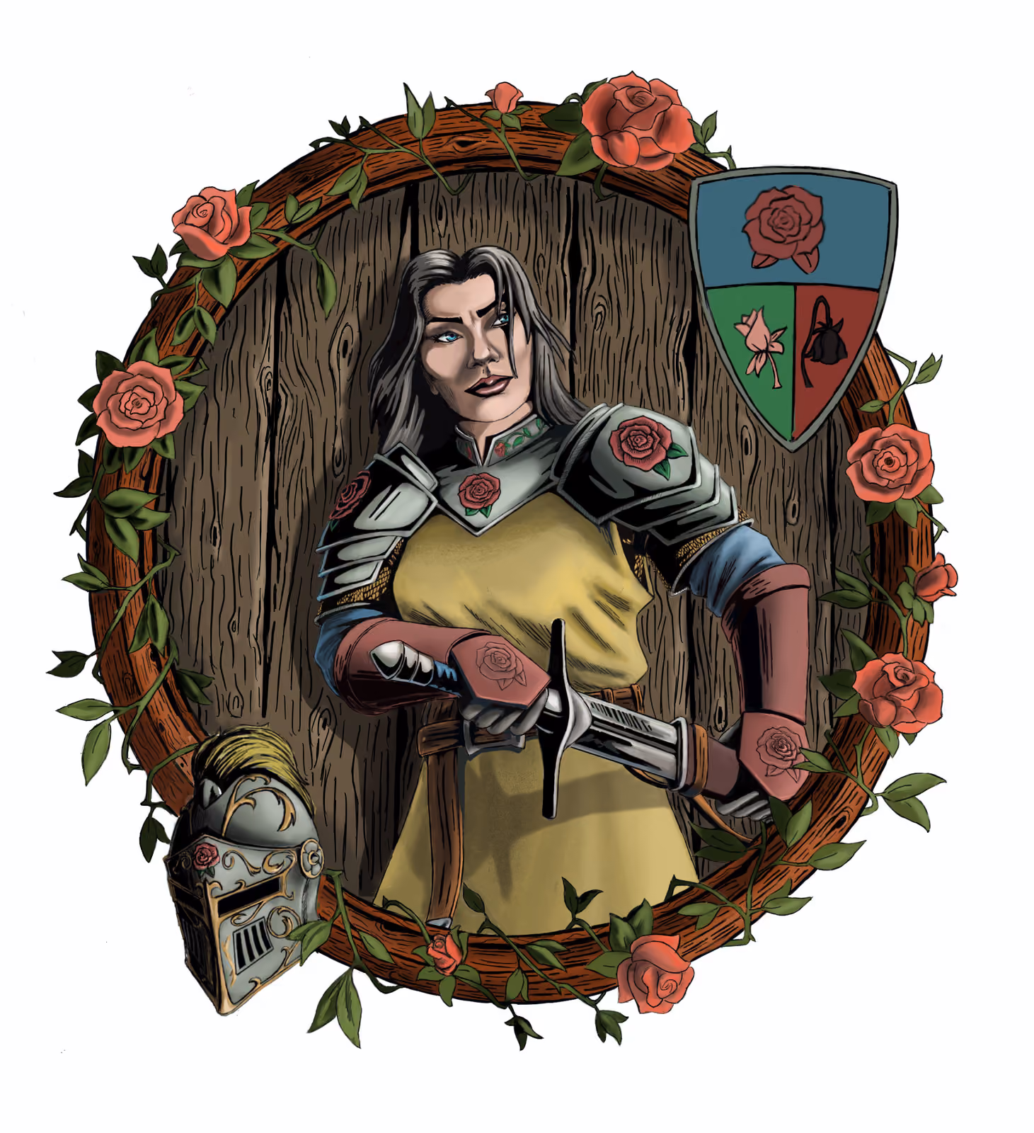 A knight in plate pauldrons and a yellow surcoat draws her sword, framed by a round wooden shield wreathed in thorny red roses, her rose-crested helm resting at lower left.