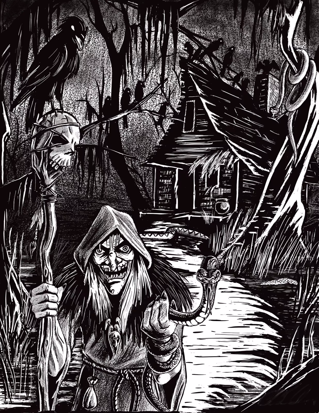 A hooded hag grins at the edge of a black swamp holding a snake, a skull-topped staff and perched raven beside her, a sunken cabin behind.