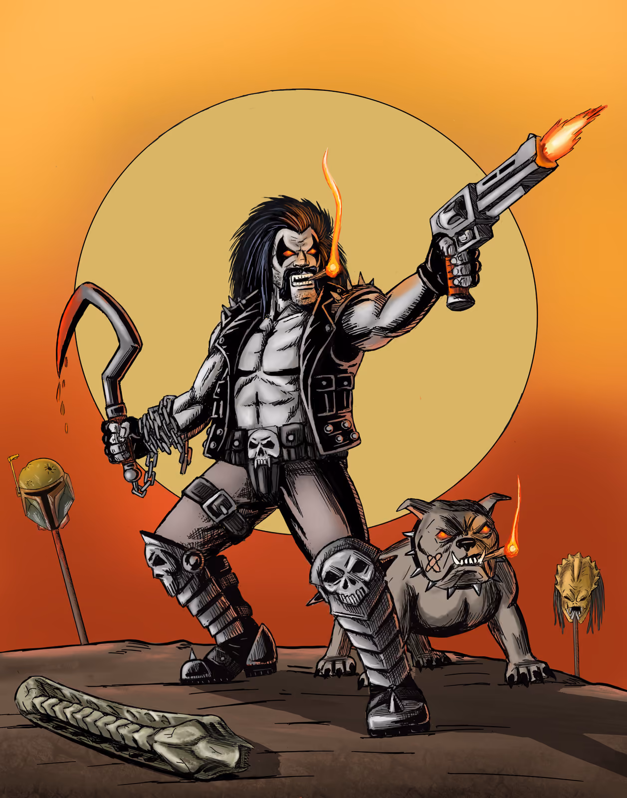 A white-skinned biker antihero in a studded leather jacket fires a revolver skyward, a hook and chain in his other hand and a snarling bulldog at his side, against a burning orange sun.