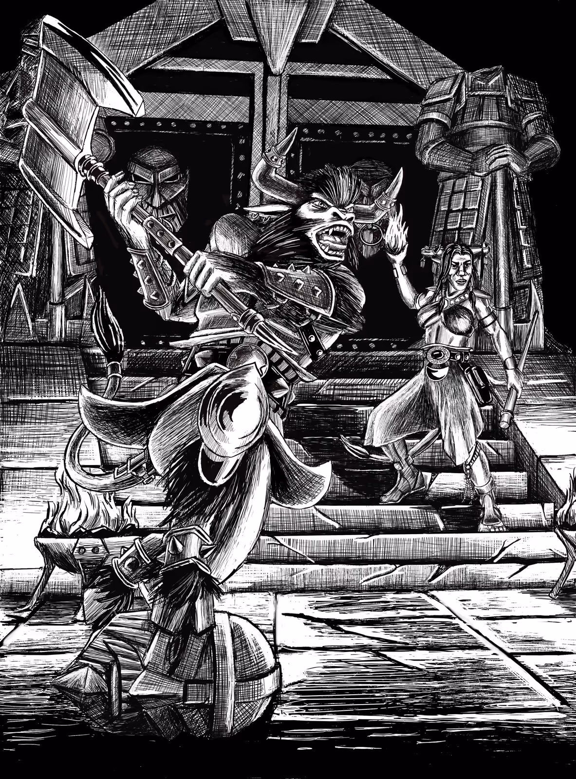 A minotaur guard swings a warhammer down a flight of temple steps at an armoured attacker while a horned figure watches from above, rendered in dense crosshatched black and white.