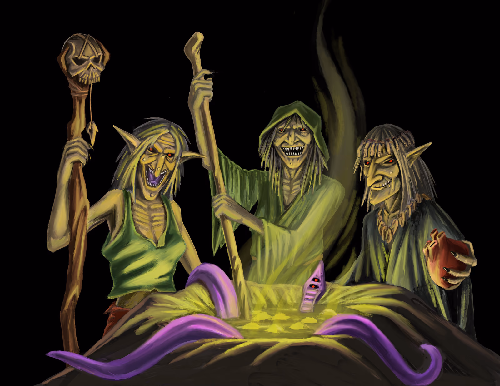 Three green-skinned witches lean over a glowing cauldron in the dark, one clutching a heart, purple and yellow light curling up from the brew.
