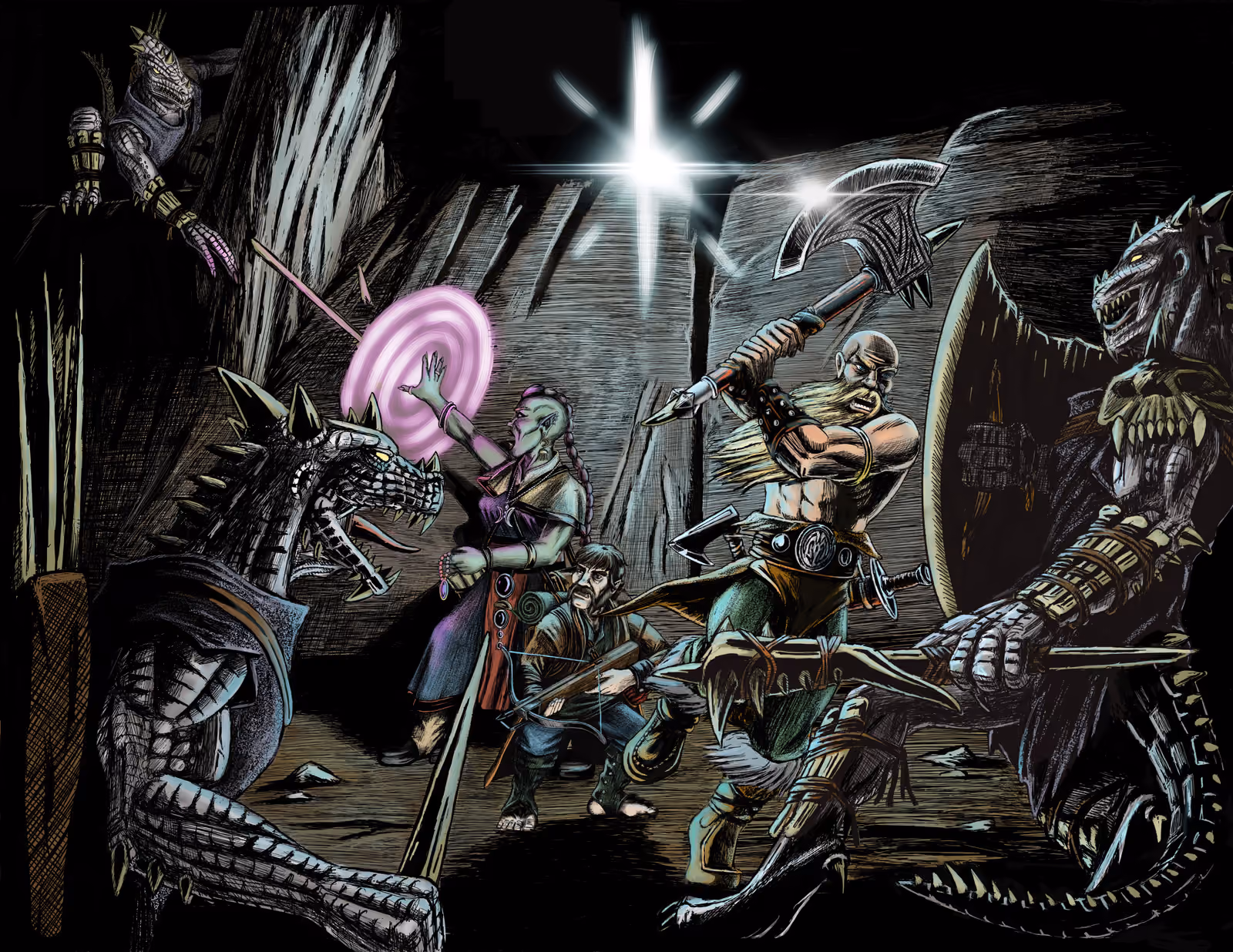 An adventuring party is ambushed by lizardfolk in a black cavern — a sorcerer casting a pink glyph, a barbarian swinging an axe, and a halfling levelling a crossbow beneath a burst of white light.